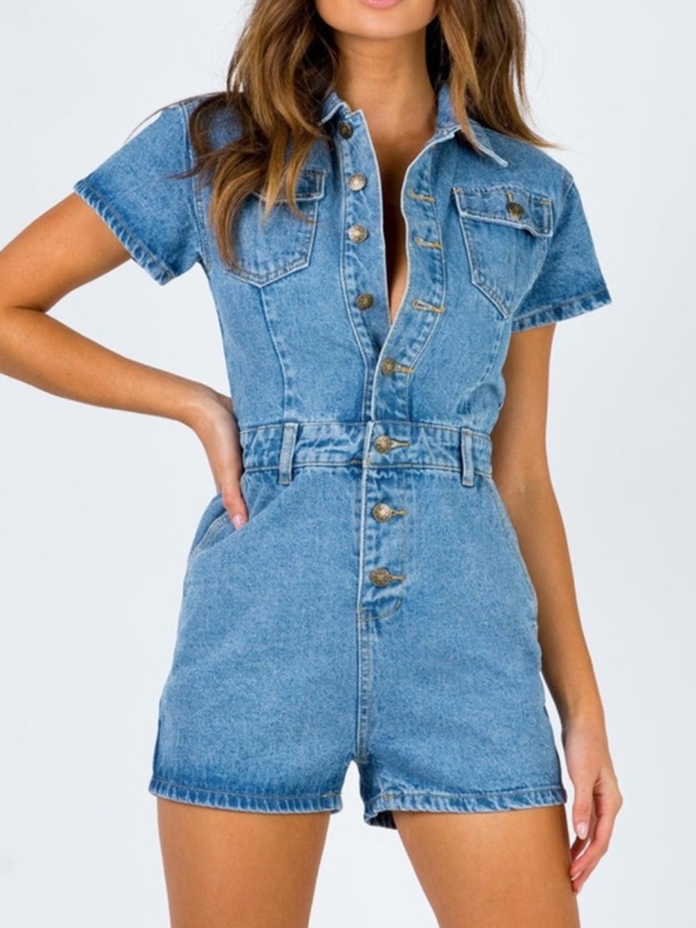 Lioness Denim Button-Front Shortall in Blue